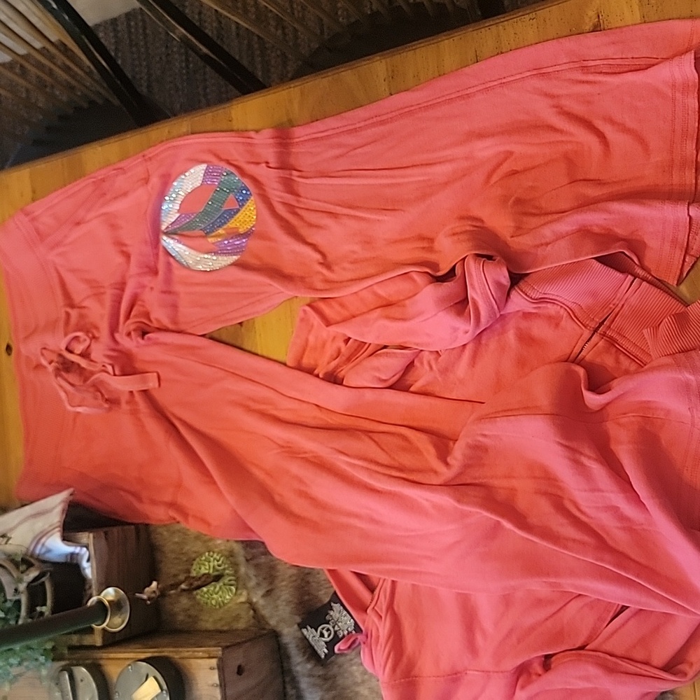Pink Peace Sign Hoodie and Sweatpants Set BLING Y2K - Picture 5 of 6